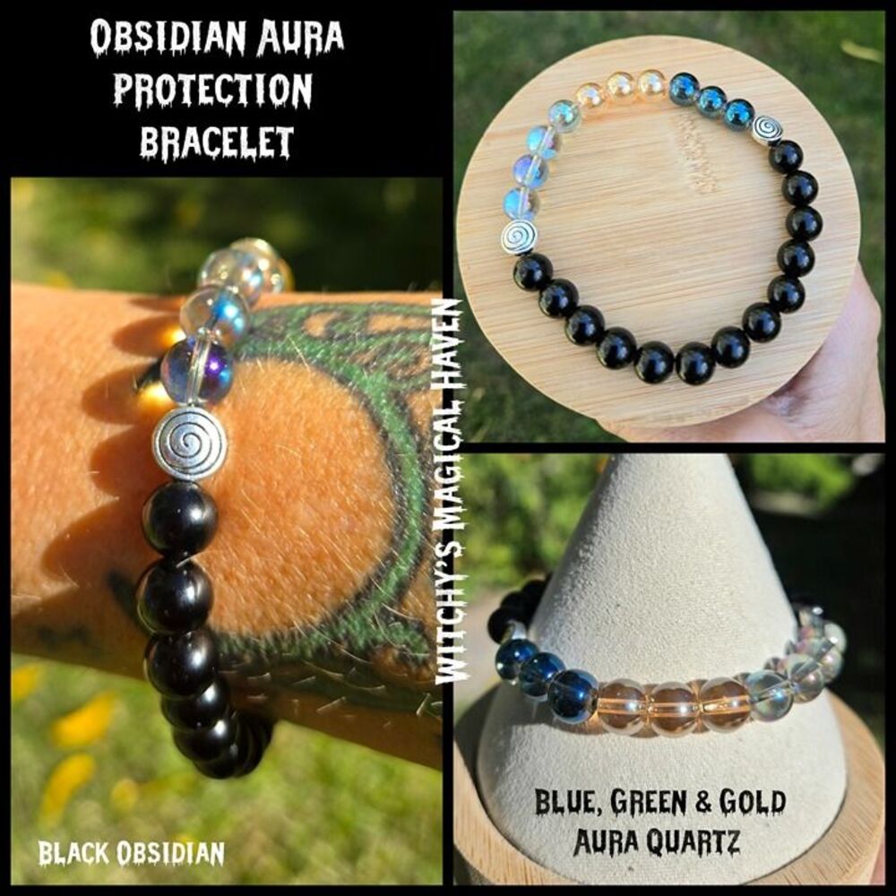 Black Obsidian Aura Quartz Protection Beaded Bracelet